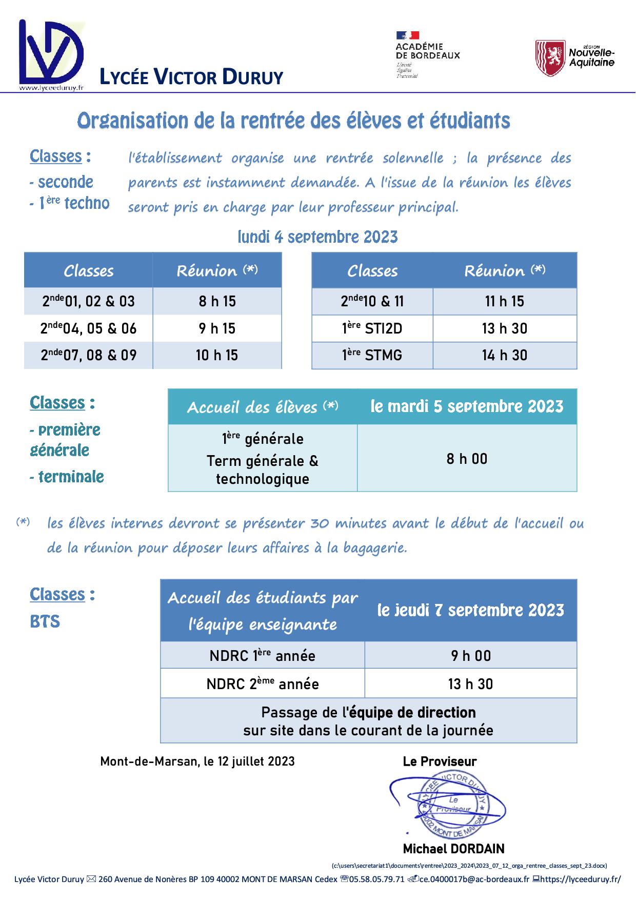 Organisation de la rentrée 2023